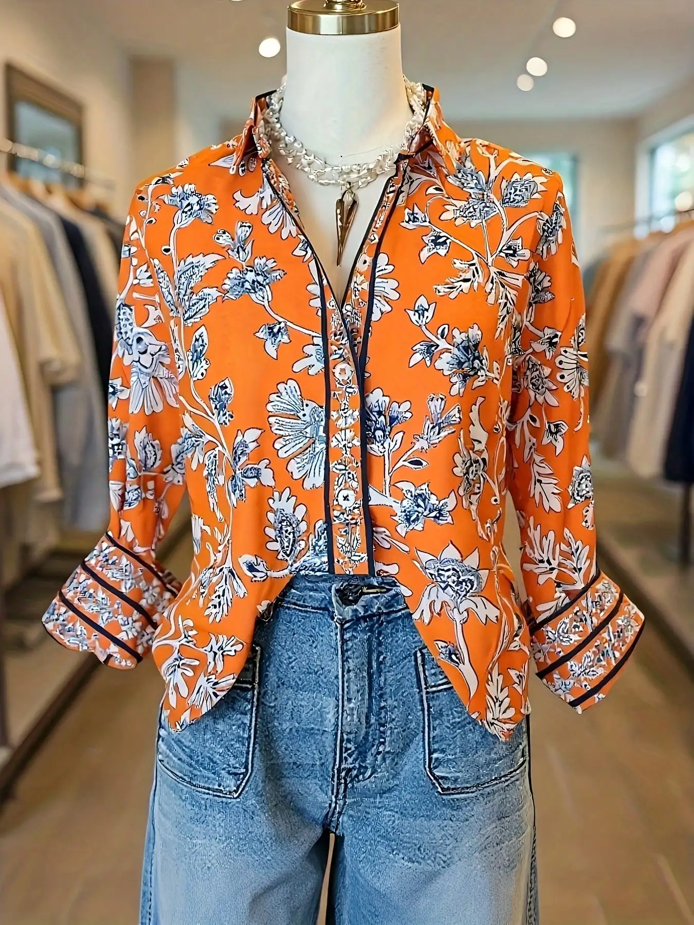 

Vintage Orange Floral Print Long Sleeve Blouse With Collar And Button Placket
