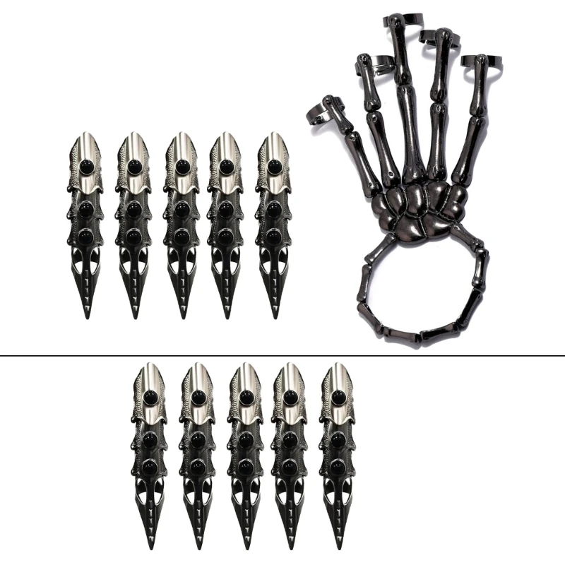 Delicate Bionic Hand Glove Intricate Metal Finger Claw Skeleton Full Finger Rings for Film Production Stage Performances