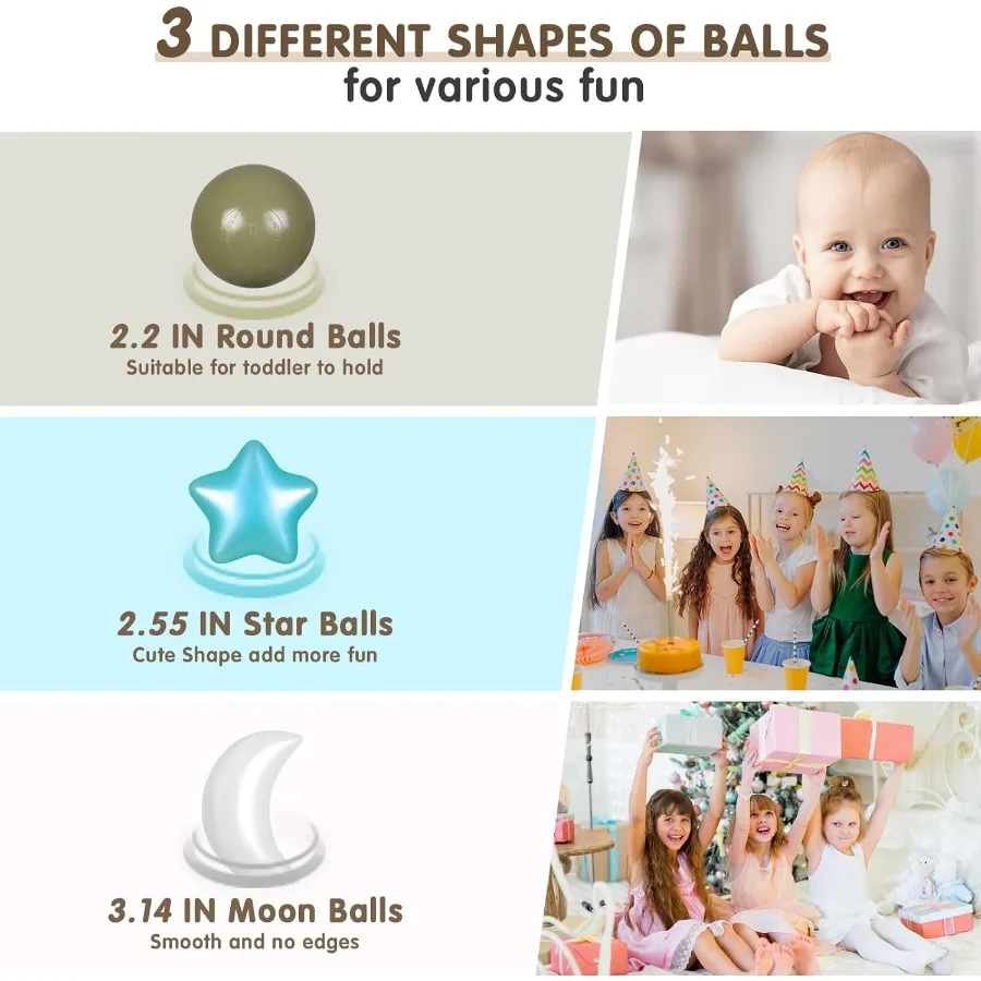 100 bolas, formas de bolas para niños pequeños, bolas de estrellas de plástico para piscina de bolas, tobogán, parque infantil, fiesta de cumpleaños, decoración navideña