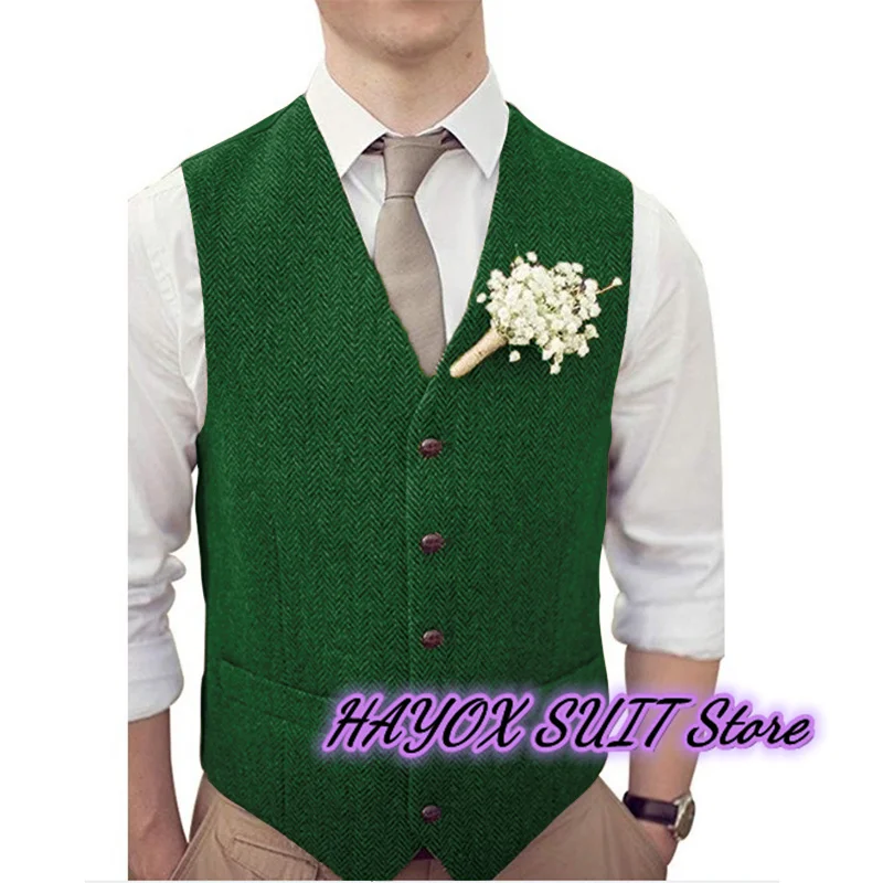 Tweed Men's Suit Vest Korean Style Slim Fit Single Breasted Chaleco Hombre Wedding Business Formal Herringbone Jacket Waistcoat