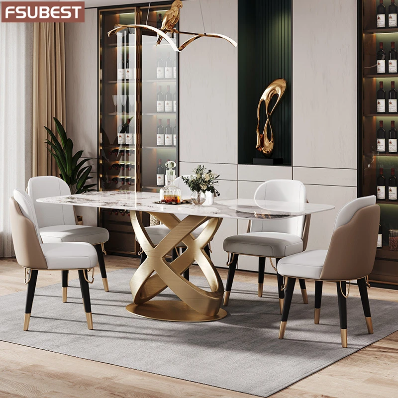 

Luxury Rock Slab Dining Room Table Set 6 Chairs Mesa De Jantar Comedor Tablo Furniture Meuble Marbre Stainless Steel Gold Base