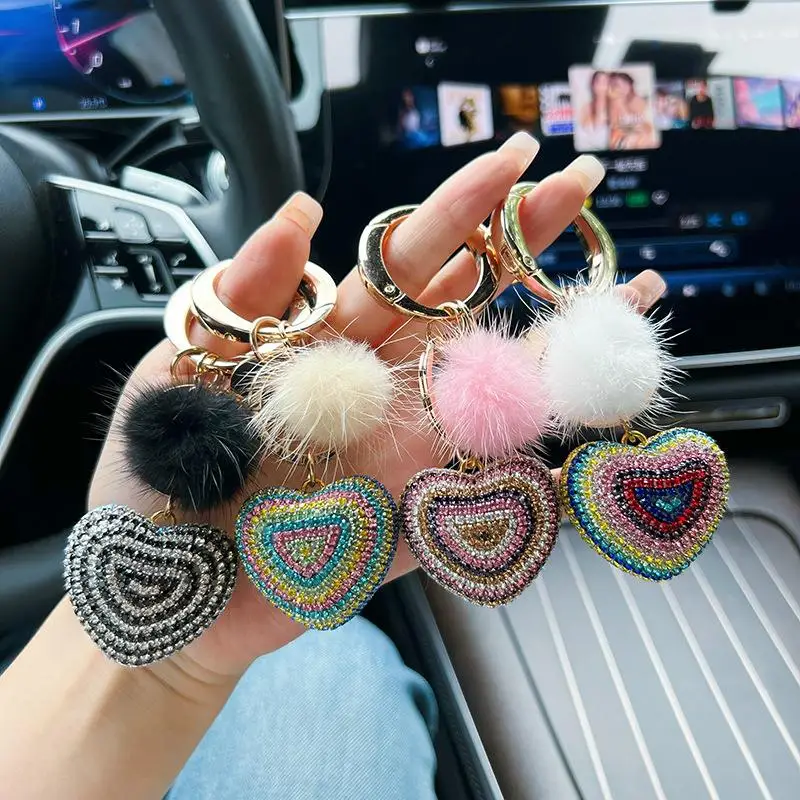 Car Remote Control Keychain Diamond Mink Heart Shaped Pendant Plush Diamond Bag Decorations Automobile Key Rings Accessories