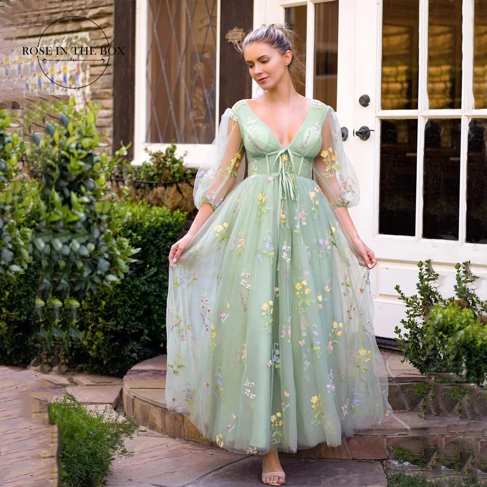 Sweetheart Embroidered Midi Prom Dress Women Green Tulle Puff Sleeves Floral Corset A Line Tea-Length Formal Evening Party Gowns