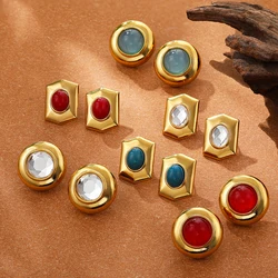 Retro Ethnic Natural Stone Round Earrings for Women Gold Plated Stainless Steel Geometric Piercing Earring Studs Boho Jewelry