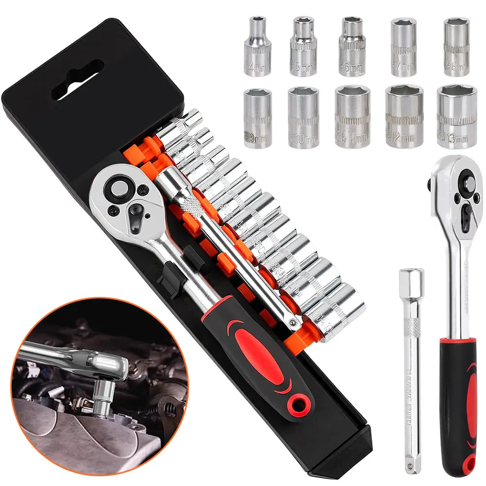 12Pcs 1/4 Inch Ratchet Socket Wrench Set, 4-13mm Metric Sockets, Quick Release Reversible Ratchet, Extension Bar for Auto & Home
