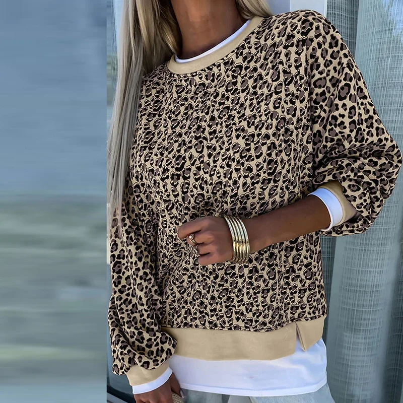 Fashion Round Collar Leopard Print Long Sleeve Sweatshirt 2024 Elegant Clashing Color Splicing Pullover Women Causal Loose Tops