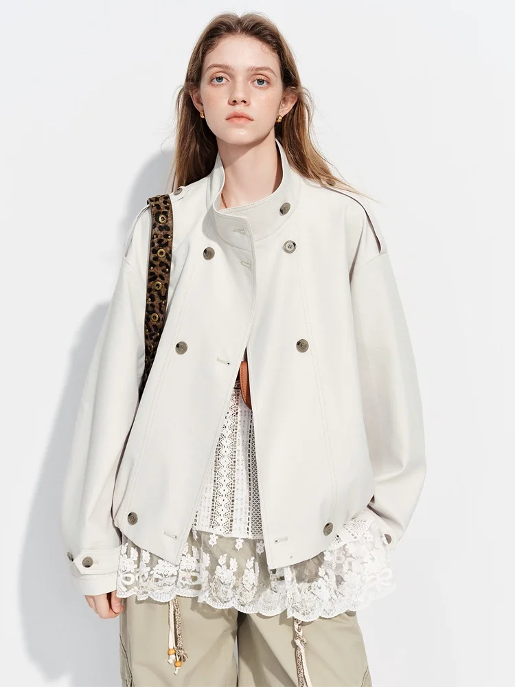 Femslim Oversize ort Waist-Cinching Leather Jaet Women's Spring 2026 New Commute ort Coat Loose Fit Polyester Fiber