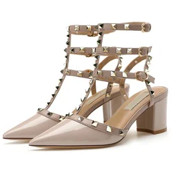 【Measure your feet length before order】Rivets Ankle Strap Luxury Designer Women Elegant Sandals Block High Heels Shoes 94-CHC-33