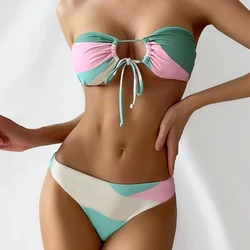 Sexy Swimsuit Two-piece Pink And Green Color Sleeveless Strapless Bra Low-waist Breathable Briefs Two-piece Set