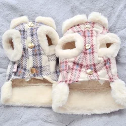 Plaid Cotton Coat Jacket Pet Dog Clothes Velvet Traction Rope Dogs Clothing Cat Small Print Cute Autumn Winter Girl Chihuahua