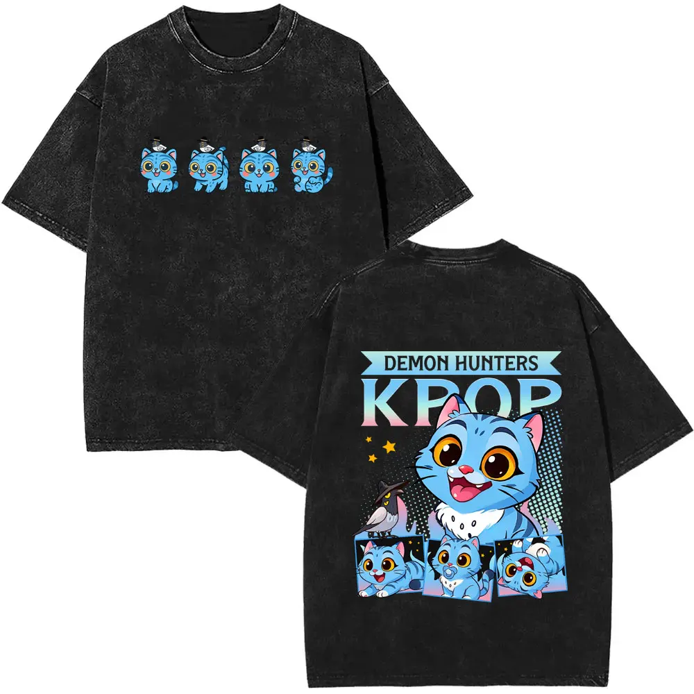 Movie KPop Demon Hunters Derpy Tiger Washed Vintage T-shirt Summer Men Women Fashion Oversized T Shirts Male Cartoon Tshirt Tops