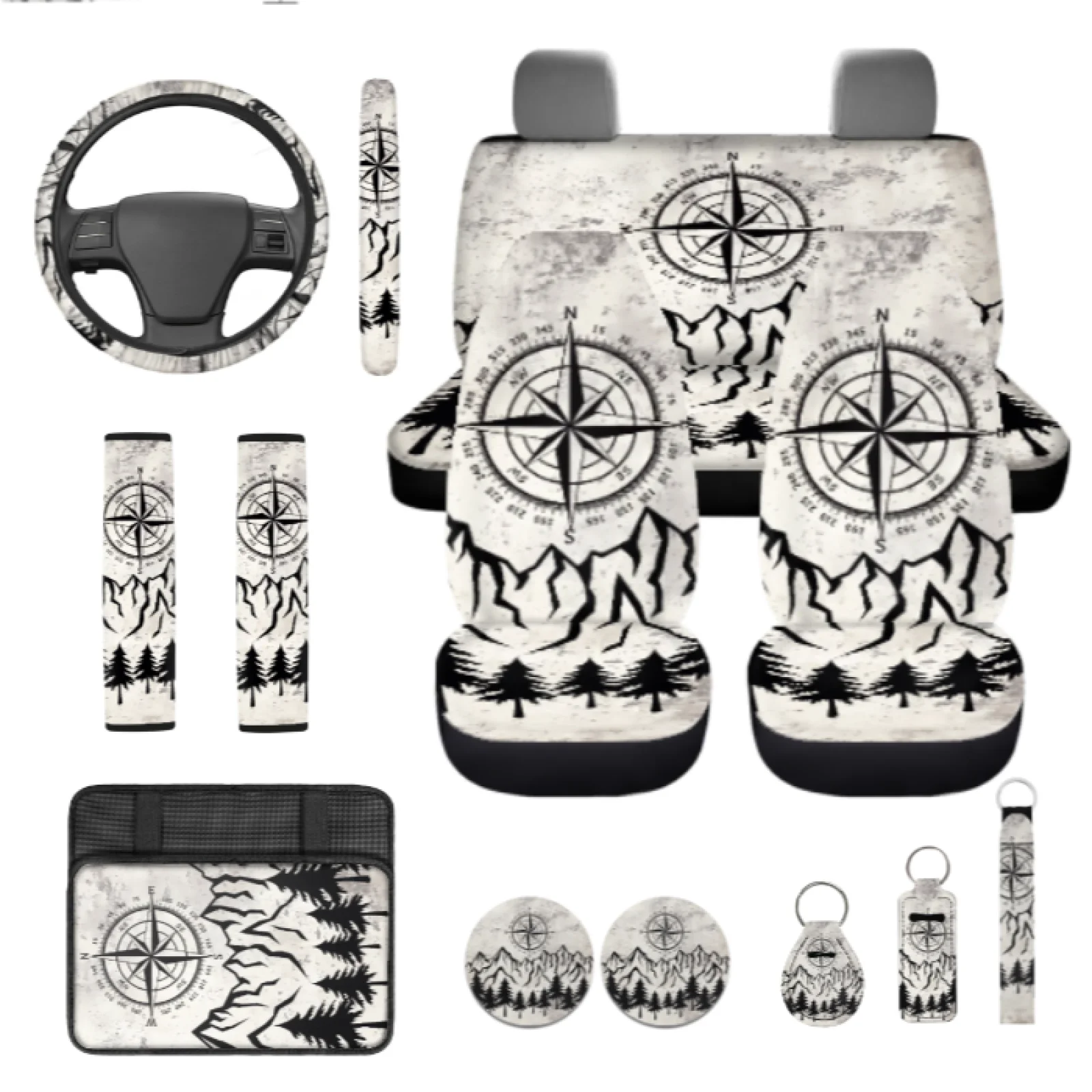 Coloranimal Compass Mountain Print 13 PCS Auto Seat Cover Full Set with Elastic Steering Wheel Cover and Keychain for Interior