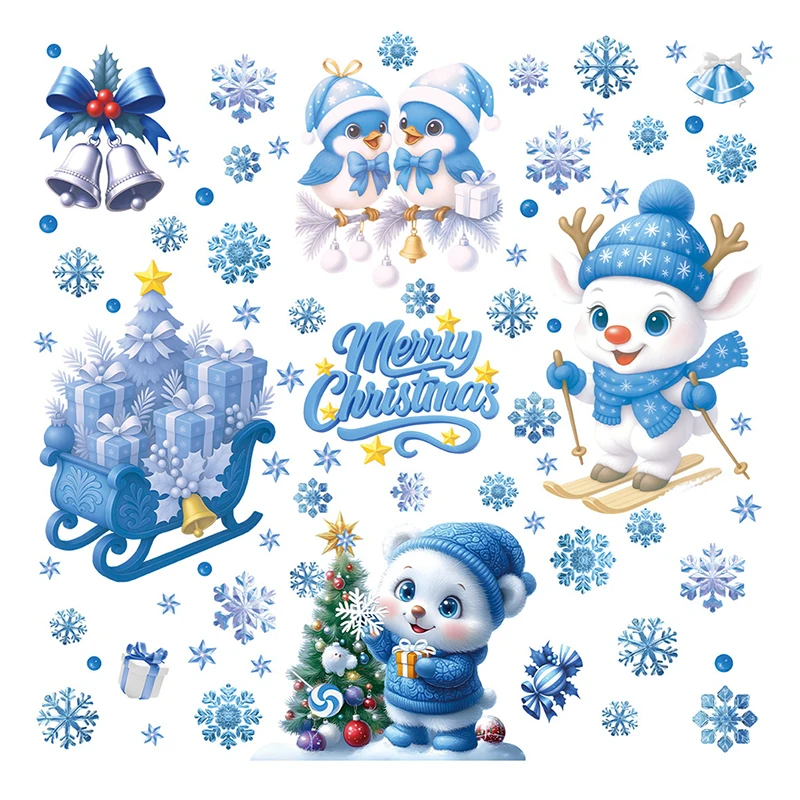 Blue Christmas Window Clings-Static Sticker Set With Bells, Reindeer, Santa, Snowflakes & Snowman For Holiday Party Decor