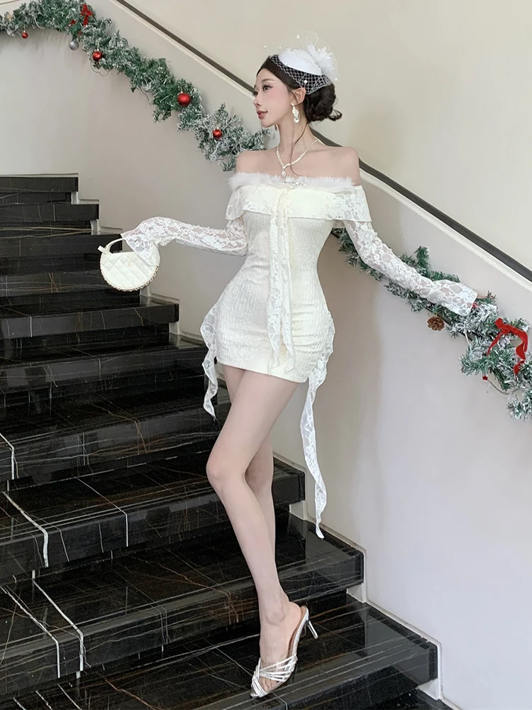 REDDACHiC-minivestido de encaje Floral para mujer, minivestido de fiesta con diamantes, adorno de piel sintética, un hombro acampanado, manga larga, ceñido al cuerpo, ropa Sexy de otoño