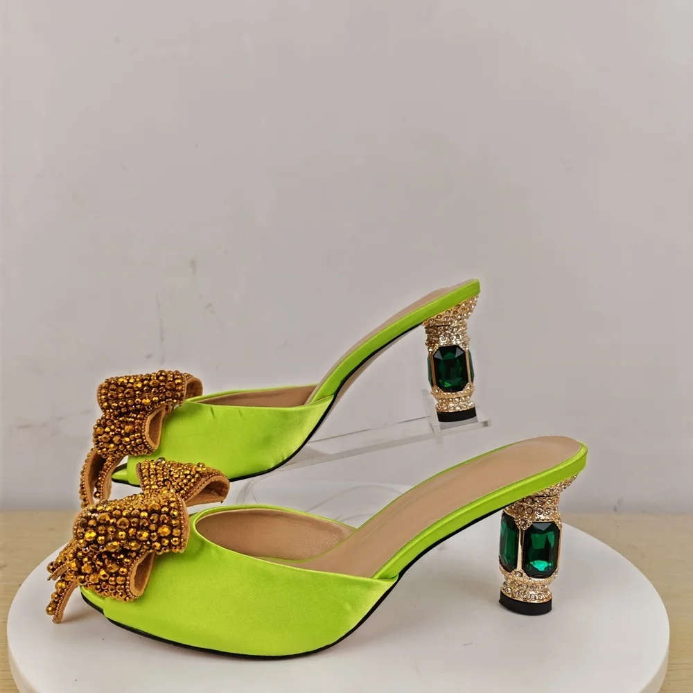 Women's Neon Green Satin Beaded Bow Mule Sandals Jewel Embellished Block Heel for Night Out Festivals Parties Bold Statement