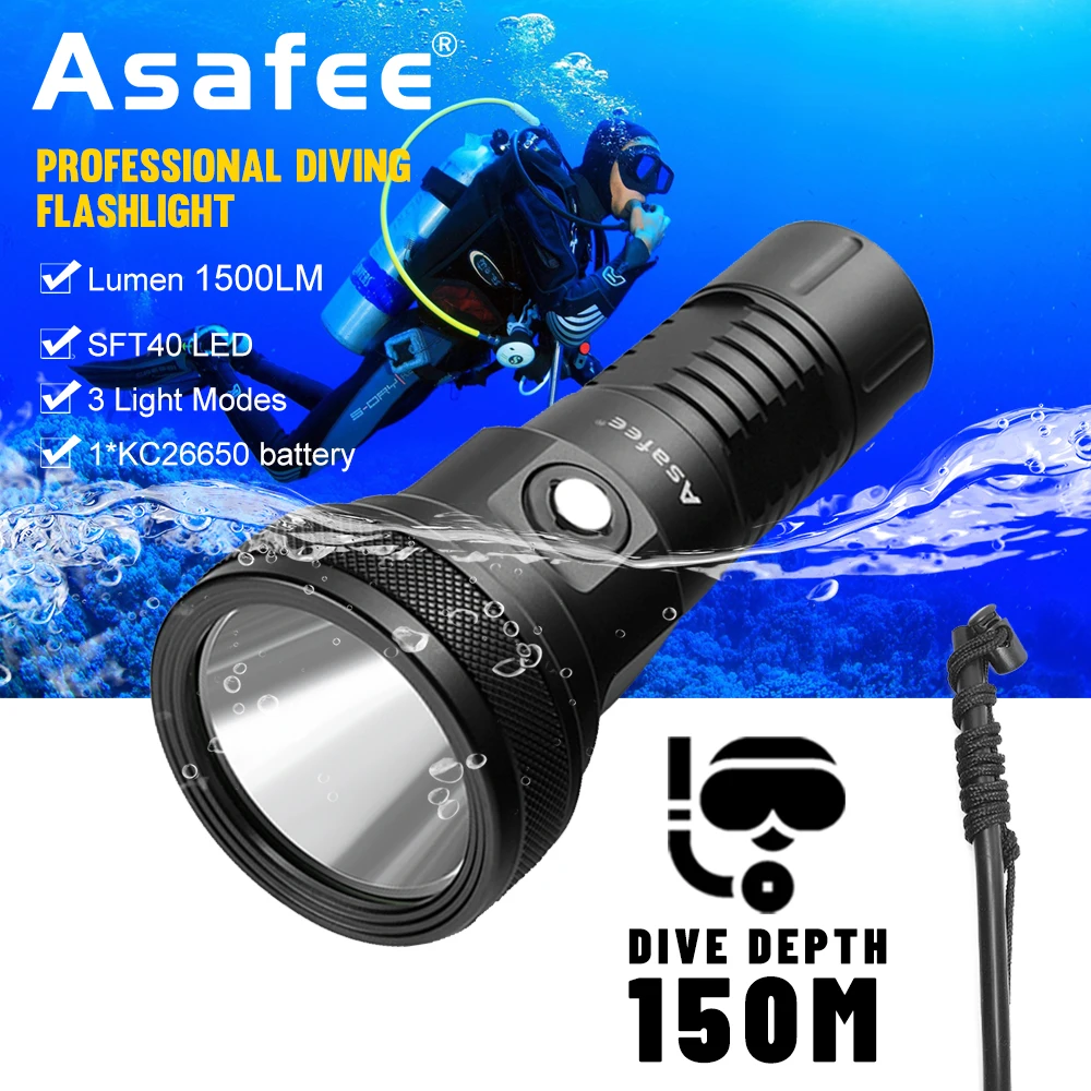 Imagem -02 - Asfee-lanterna de Mergulho Subaquático 150m 5000lm Sbt90 Led à Prova Dágua com Interruptor para Aventura ao ar Livre