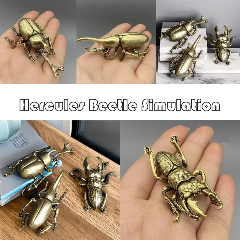 Brass Beetles Retro Office Desktop Ornament Figurines Hercules Beetle Simulation Insect Tea Pets Desk Decorations Collectibles