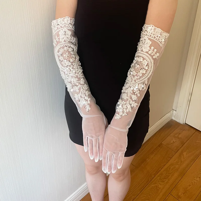 Gants en maille brodée de fleurs, décoration tridimensionnelle, perles de couture faites à la main, blanc laiteux, accessoires en dentelle transparente, marijuana ing