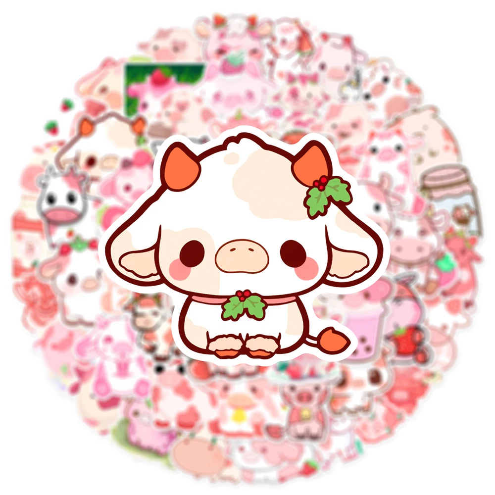 10/50Pcs Cartoon Cute Pink Cow Varied Stickers Pack for Kids Cup Travel Luggage Scrapbooking Notebook Decoration Graffiti Decals