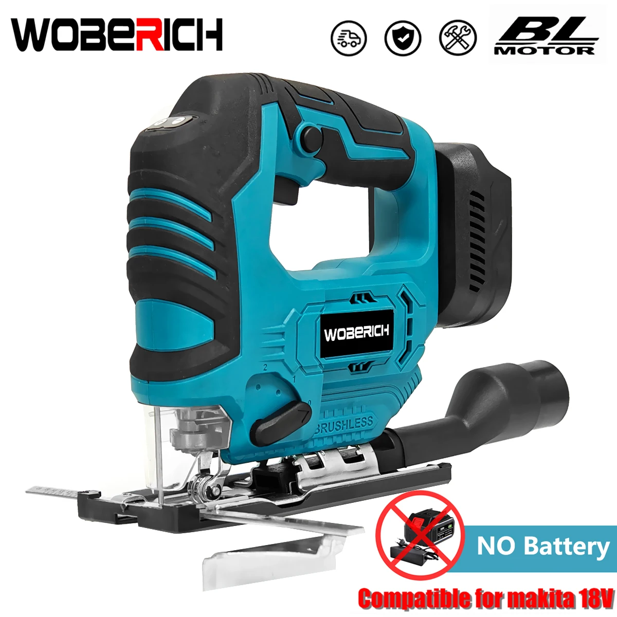 WOBERICH 18V Brushless Jig Saw Electric Jigsaw Adjustable Blade Woodworking 2900RPM 65mm Power Tool for Makita 18V Battery