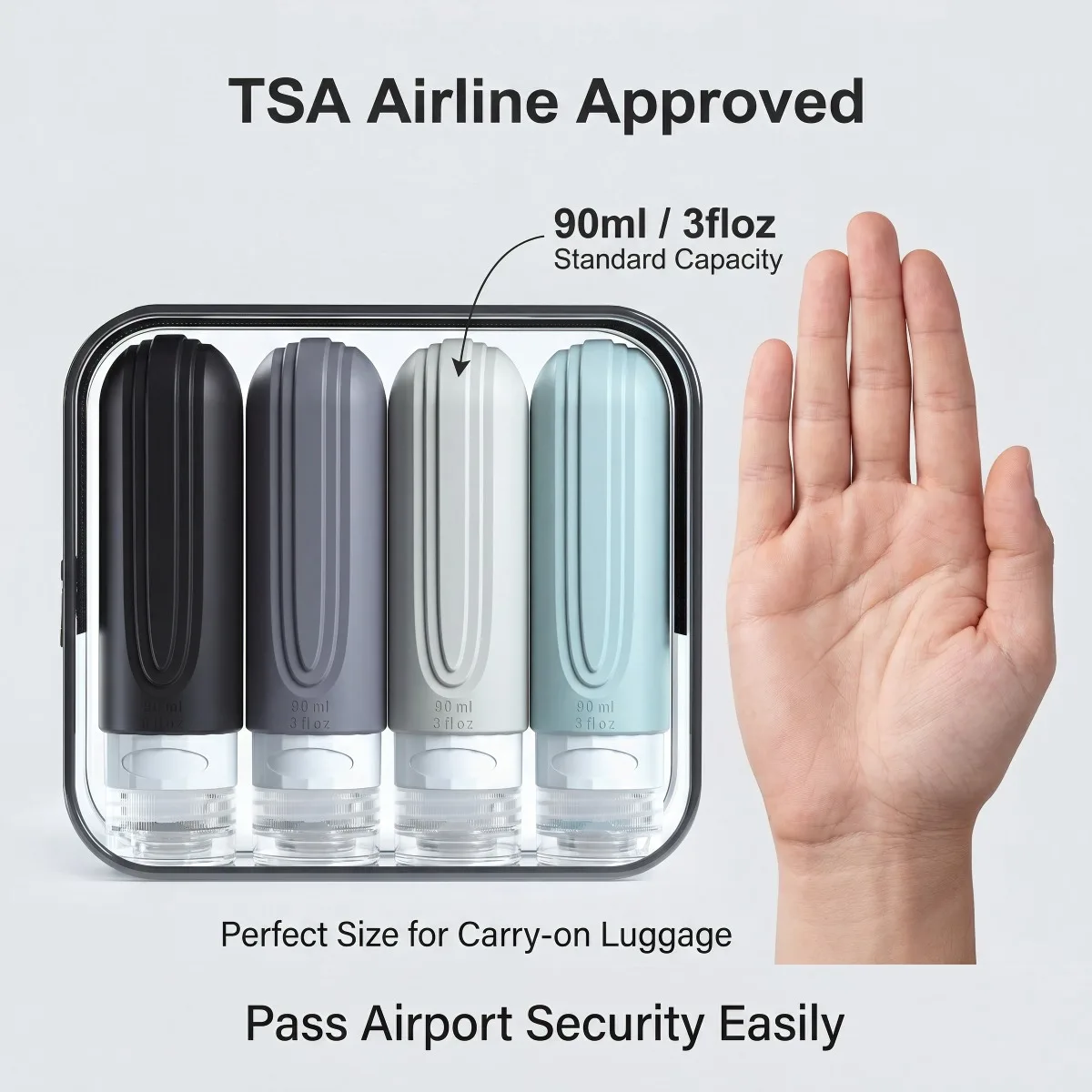 4-piece TSA-approved silicone bottle set (3oz), leakproof & refillable. Includes spray bottle & soap dispenser. Perfect for travel, bathroom & gifting