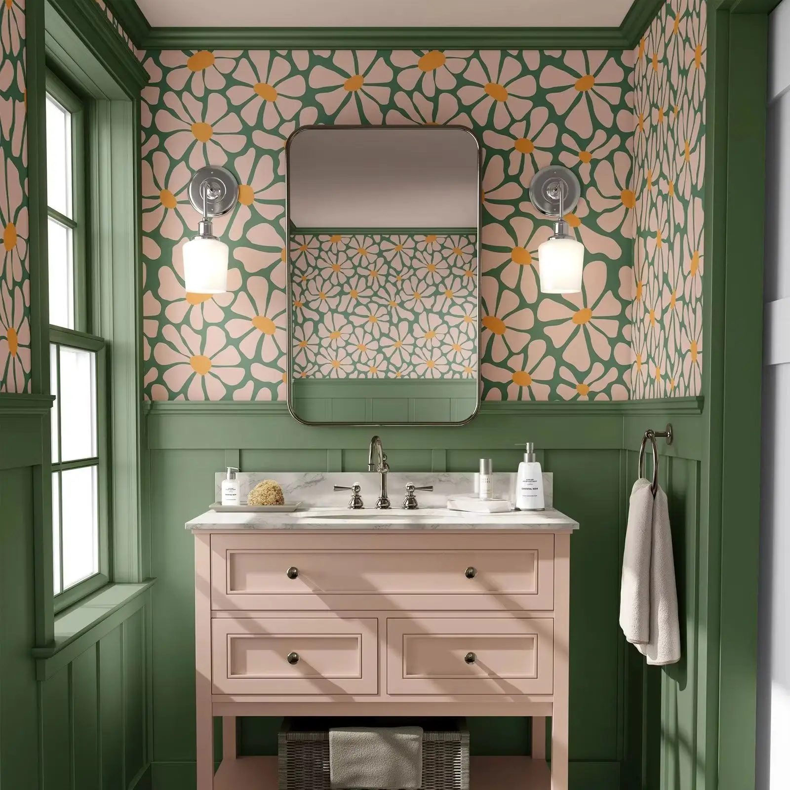 Funky Daisy Wallpaper,Retro Green Orange Decor Wall Papers Peel & Stick,Or Tradition Botanical Floral Wall Mural For Bathroom