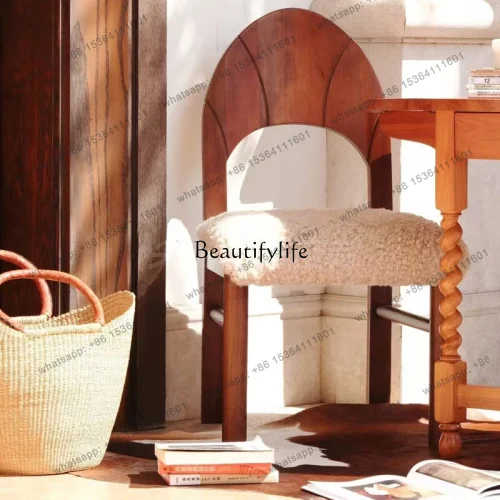 yj7 Medieval style solid wood household lamb wool high backrest famous balcony leisure chair restaurant dining chair