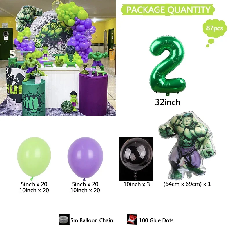 87Pcs Disney Incredible Hulk Theme Balloon Kit Green Number 1-9th Foil Ball Boy Birthday Baby Shower Party Decoration Supplies