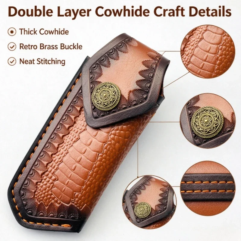 1PC Double Layer Cowhide Folding Knife Sheath, Buckle Protective Cover, Portable Storage Pouch, Household DIY Craft Accessory