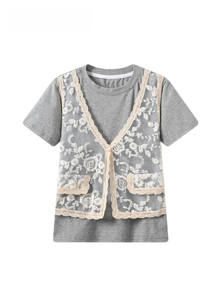 

Korean Style Lace Splice Short Sleeve T-Shirt Women's plus Size Summer Slimming Trendy Top Cotton Polyester Blend Regular Fit