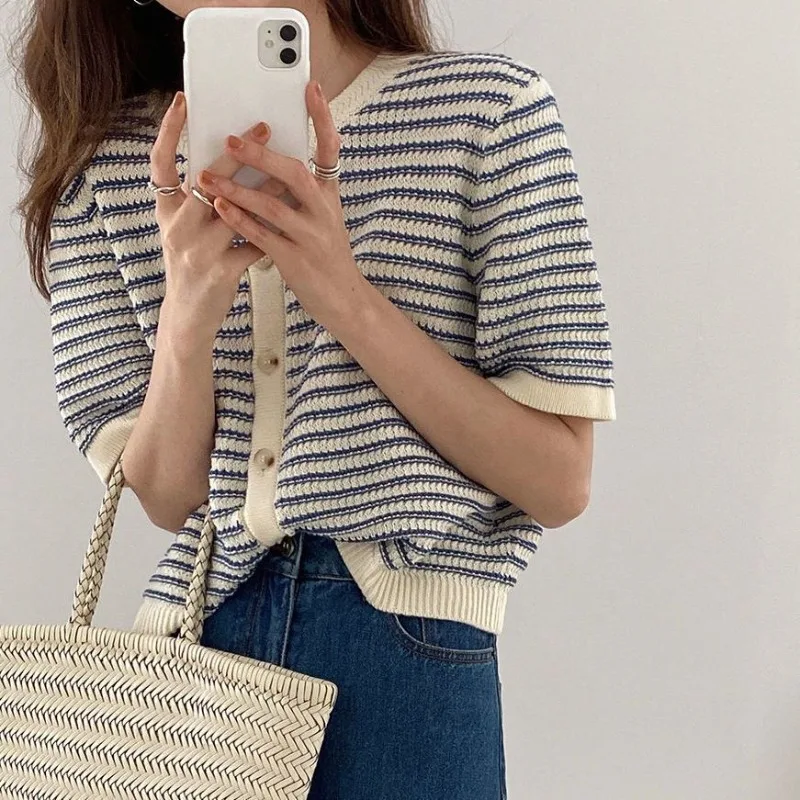 

Tops T-shirts Women's Summer Color-block Stripes Short Sleeves Knitwear Cardigans Retro New Comfortable Minimalist Versatile
