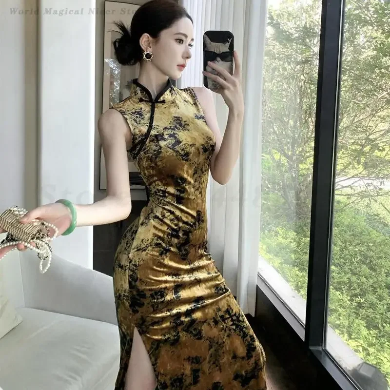 

Традиционное классическое Ципао, сексуальное Cheongsam без рукавов с разрезом, новое женское платье в китайском стиле, элегантное бархатное платье с цветочным принтом, Vestidos