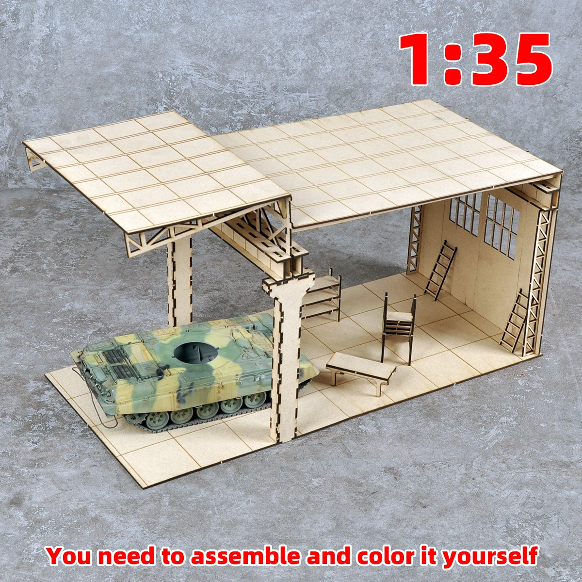 Architekturmodell-Bausatz Sandtisch Fabrikhalle Reparaturwerkstatt Depot Scheune Miniatur-Diorama Maßstabsmodell-Bausatz 1/35 – Detail 7
