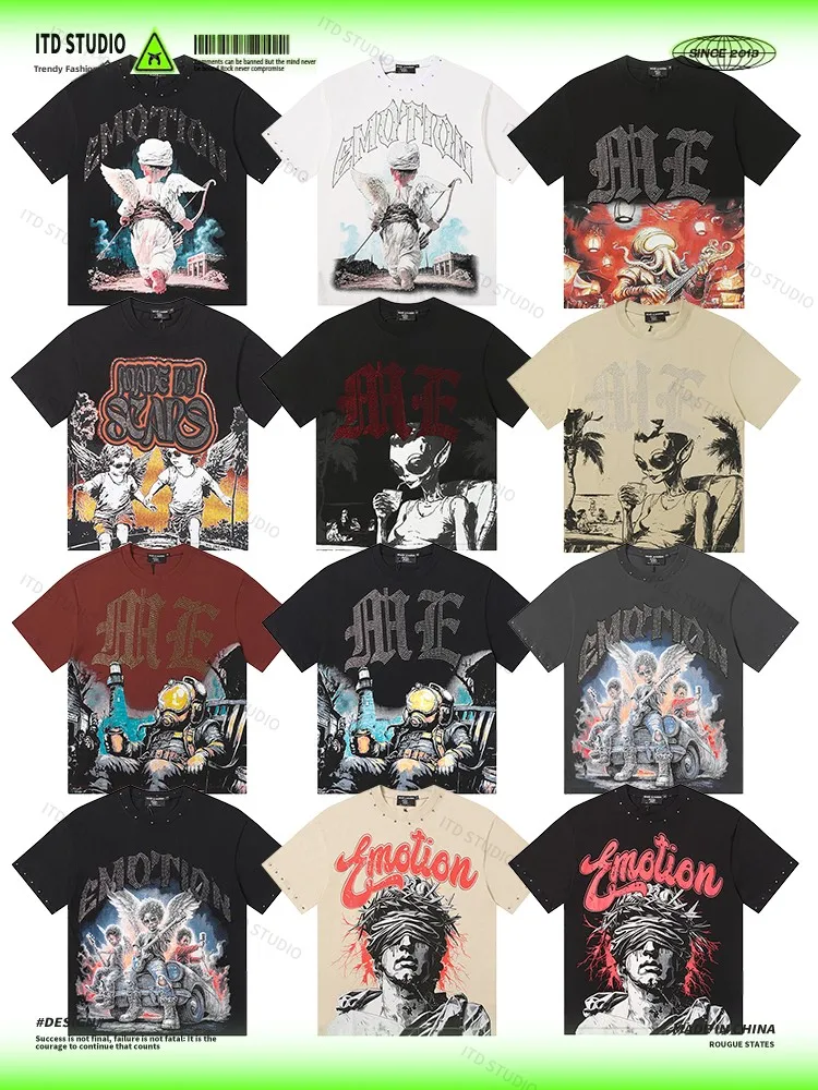 Mixed Emotion Series American Style Streetwear Short Sleeve T-Shirt Rhinestone Printed Unisex Summer Casual Cotton Top