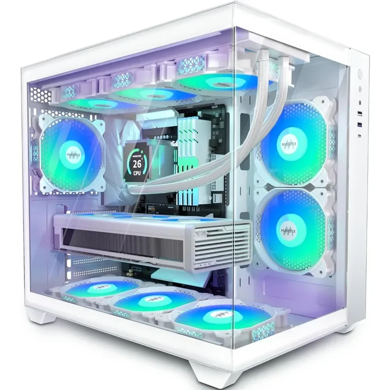 Casing PC ATX, 6 Kipas PWM ARGB Sudah Dipasang, Dukungan RAD 360MM, 270 °   Kaca Tempered Tampilan Penuh, Tipe-C, Casing PC Gaming Mid Tower