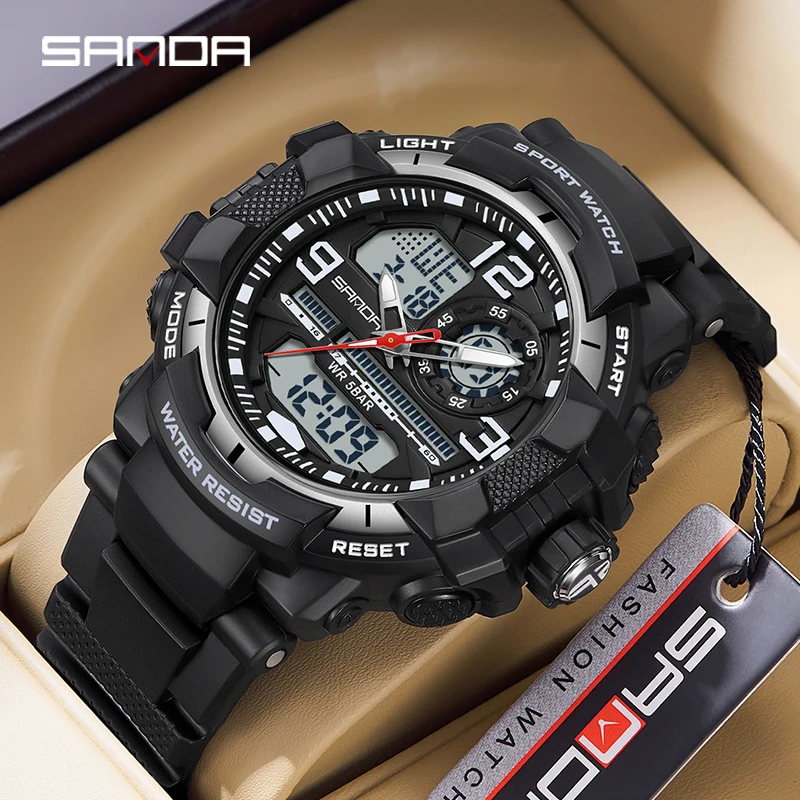 SANDA Dual Display Men Watches 5ATM Waterproof Sport Watch Military Man Alarm Stopwatch Quartz Wristwatch Men LED Digital Clock