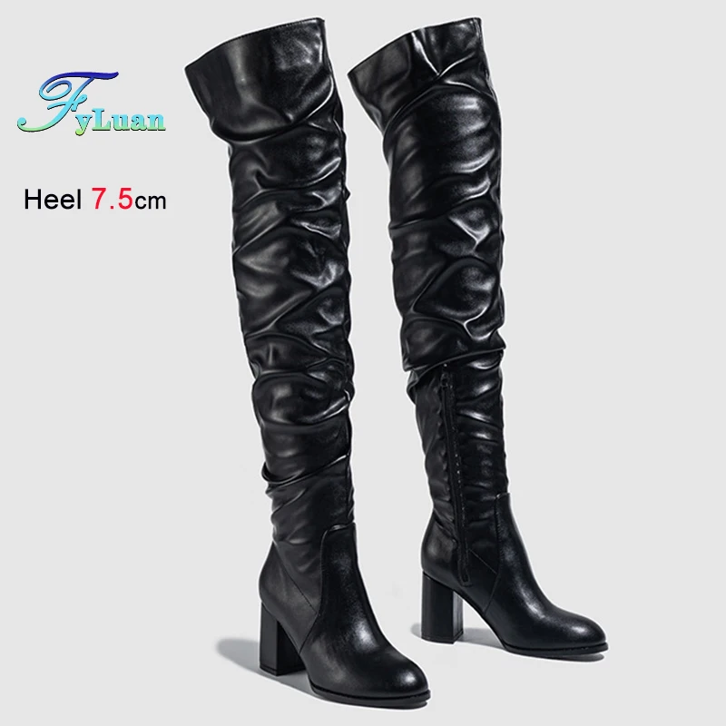 

Модные женские сапоги-ботфорты 2026 года, черные, плиссированные, на толстом высоком каблуке 7,5 см, с круглым носком, выше колена