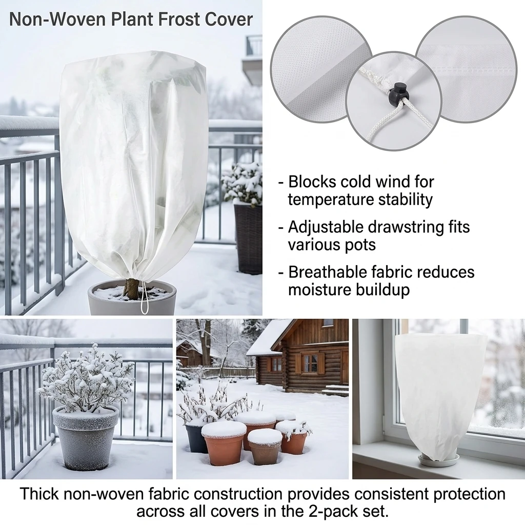 Plant Frost Protect Cover Thick Non Woven Fabric Winter Warmth Wrap Drawstring Design for Garden Potted Plants Durable