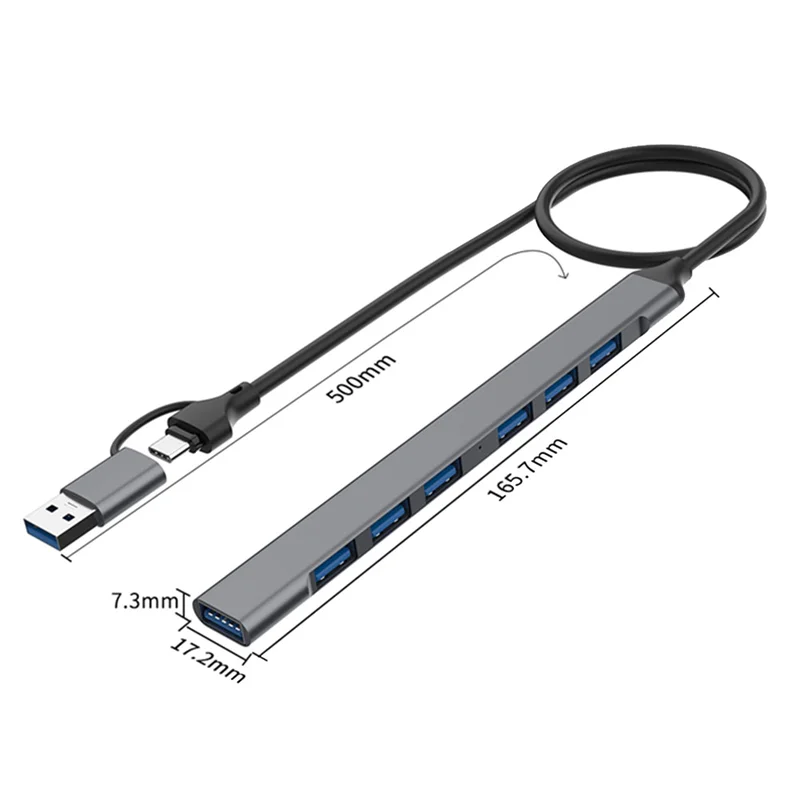 7 Port USB Hub Slim Mini 2 in 1(USB-C+USB 3.0) To USB 2.0X6+USB 3.0X1 5Gbps Fast Transmission USB3.0 Hub