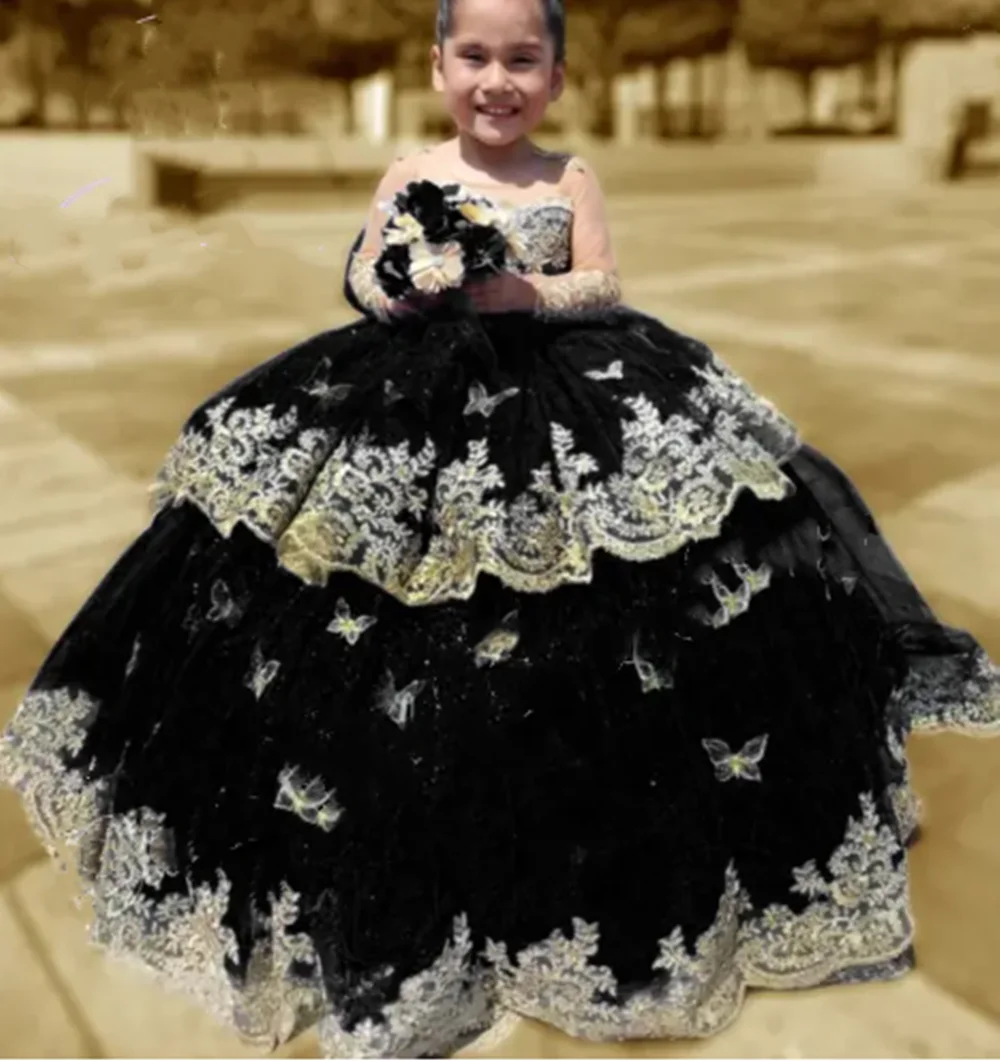 

Customized Royal Black Flower Girl Dresses For Wedding Gold Appliques With Bow Kids Birthday Party First Communion Pageant Gown