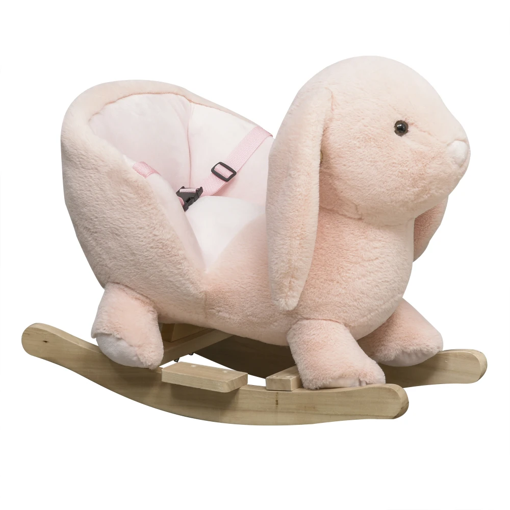 Rabbit Wooden Rocking Horse with Simulated Sound, Wooden Base, Seat Belt, Plush Stuffed Rocking Chair for Baby, Toddler