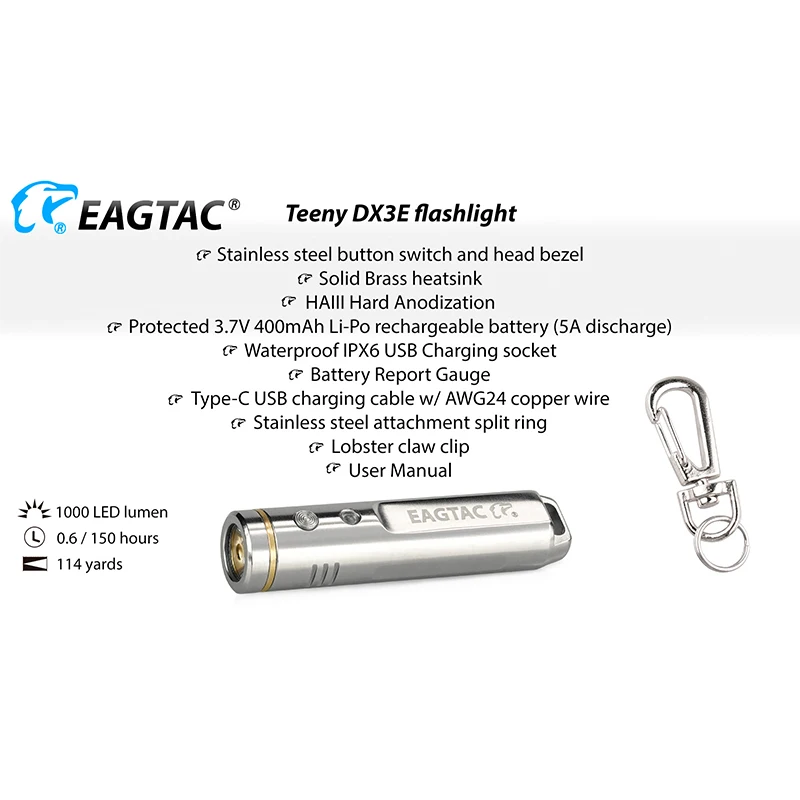 EAGTAC SS Teeny DX3E 1000 Lumen SST20 CRI95 USB Type C Rechargeable LED Flashlight Keychain Buckle