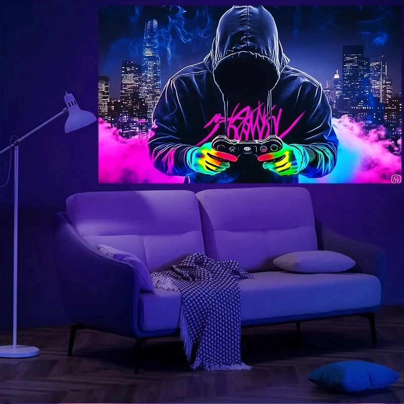 VIKAMA Neon Gamer Hooded Man Tapestry Colorful Gloves Game Controller Night City Smoke Print Gaming Room Wall Hanging Cloth