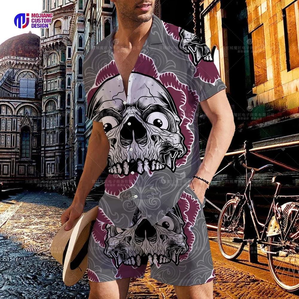 Summer Men's Watercolor Graffiti Floral Skull Short Sleeve Lapel Button Clothing Shirt Set 3D Printing Casual Shorts