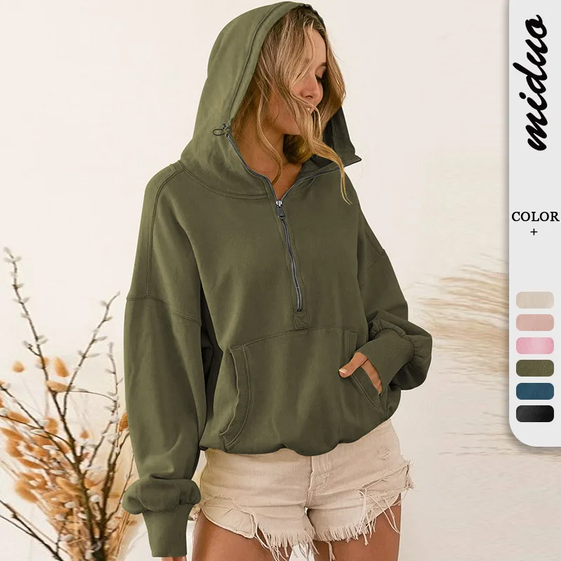 High Quality New Product Hoodie with Hat Women Fashion Brand Sports Hoodie Drawstring Long Sleeved Top Half Zipper Jacket Grunge