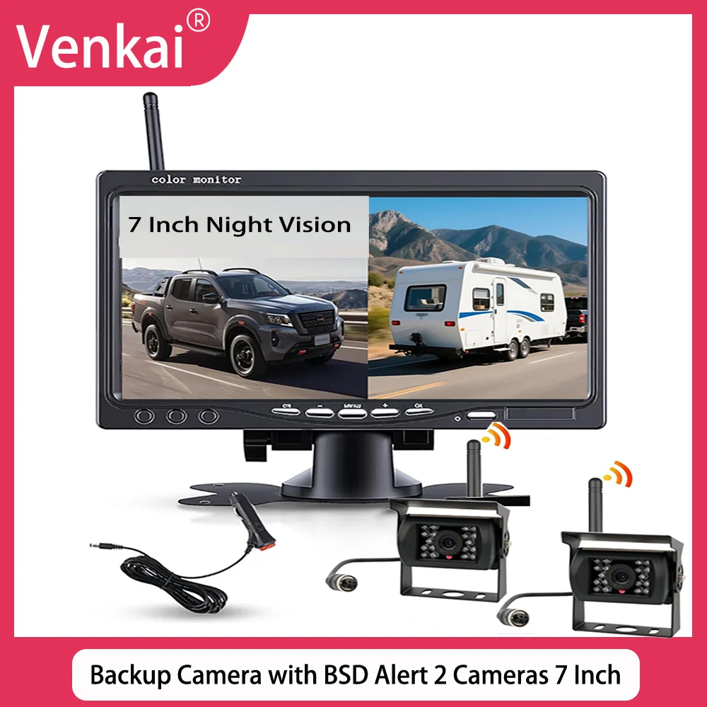 

2 беспроводных резервных камеры с оповещением BSD и 7-дюймовой беспроводной резервной камерой ночного видения 1080P для грузовиков, прицепов, кемперов, ферм