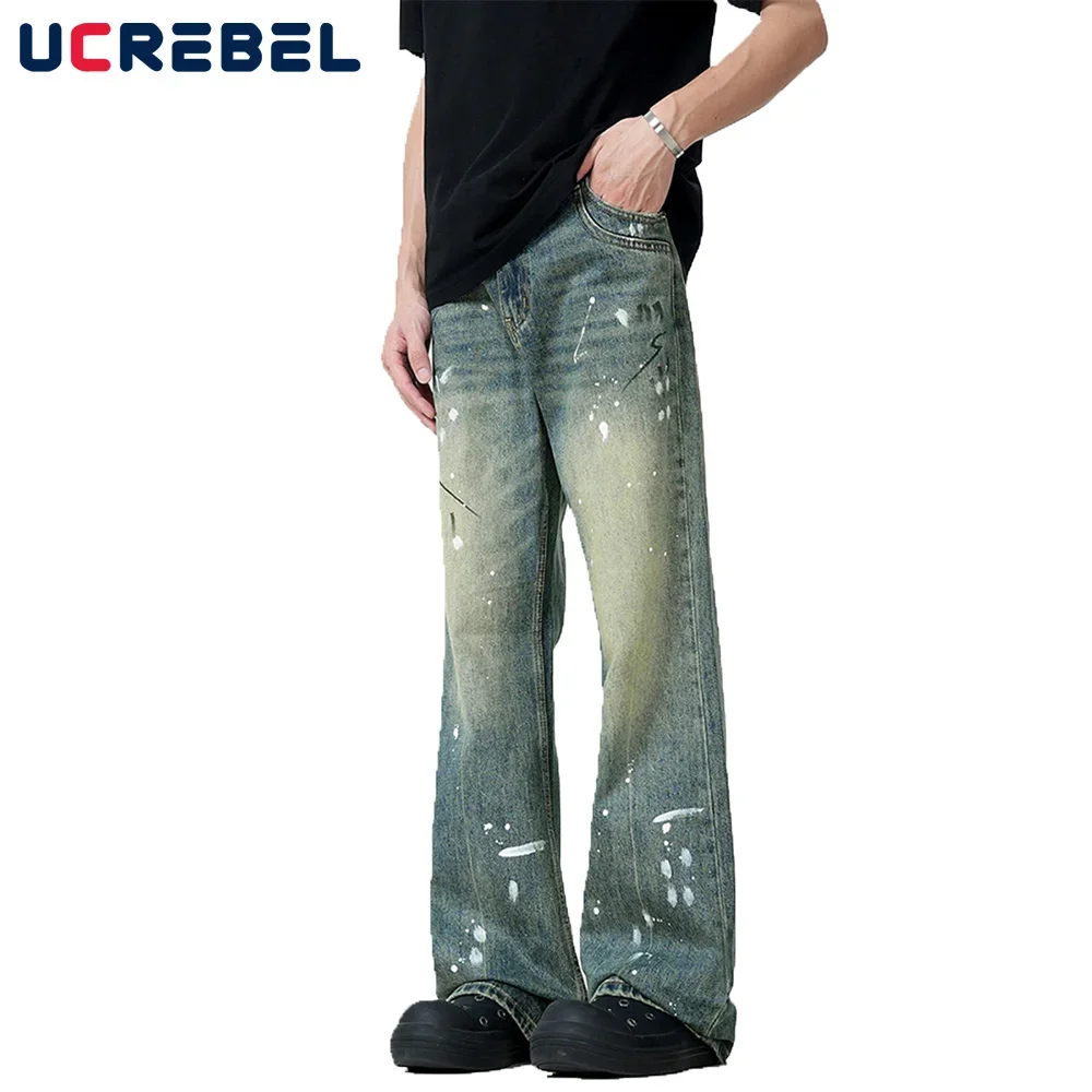 

Splash Ink Denim Flare Pants Mens High Street Washed Distressed Loose Spliced Wide Leg Jeans Men