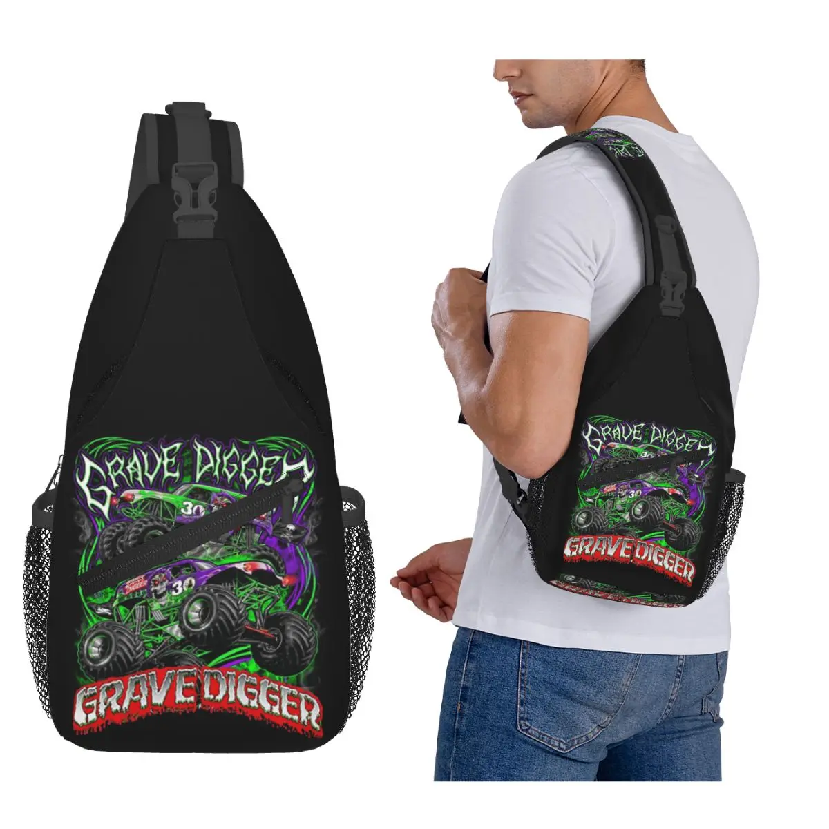 

Monster Jam Grave Digger Monster Truck Art Fans Chest Bag Men Sling Crossbody Backpack Chest Bag Hiking Daypack Shoulder Bag