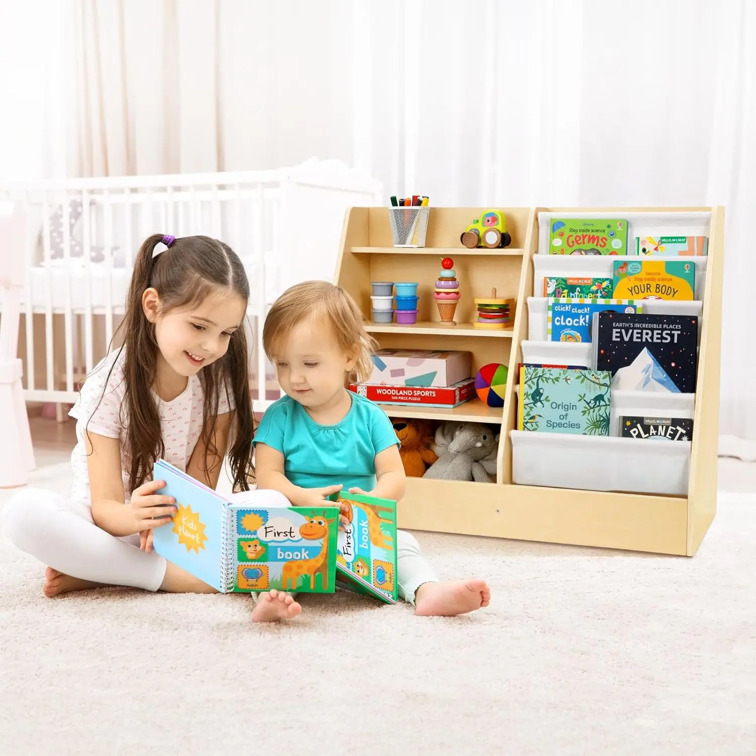 Rak buku dan penyusun mainan, rak buku anak dengan penyimpanan yang luas dan rak buku tampilan besar, rak buku kamar anak-anak