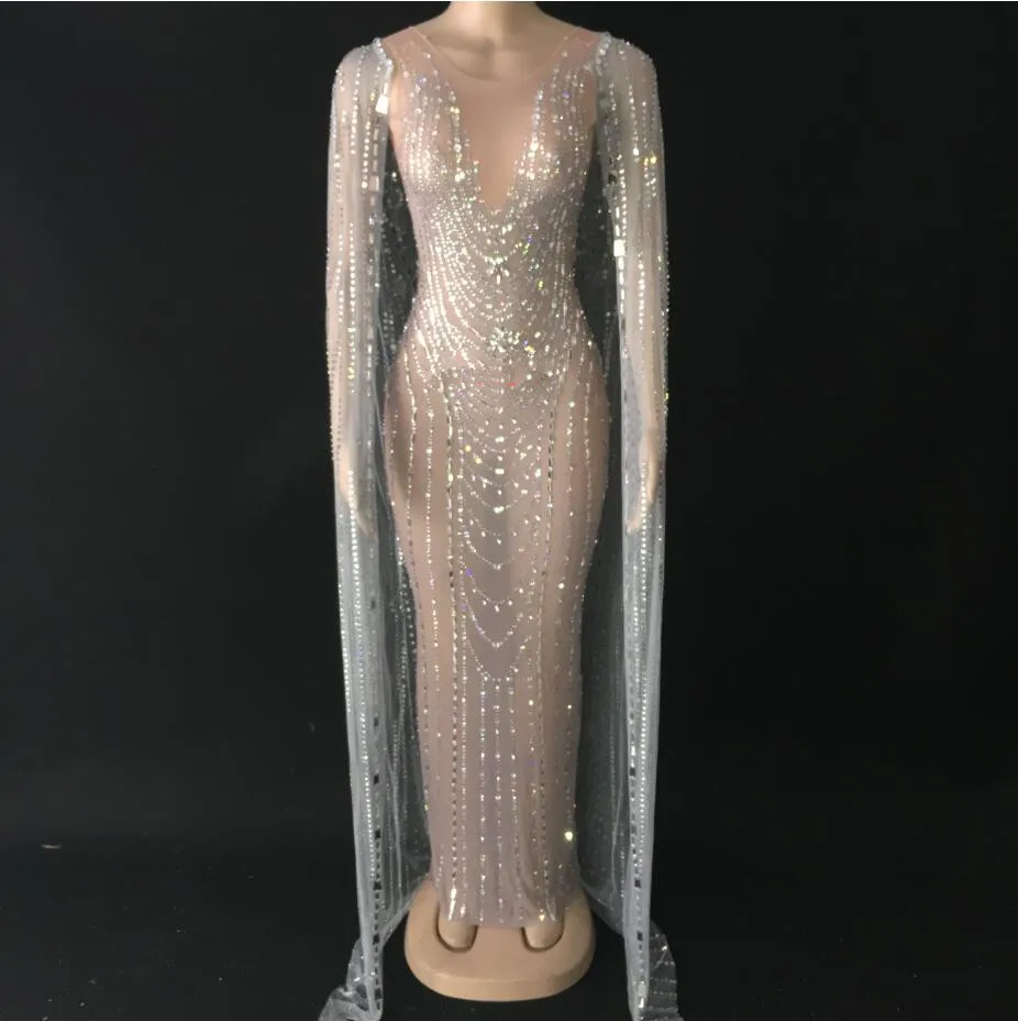 Luxurious Rhinestones Mesh Perspective Long Dress Sparkly Crystals Cloak Dress Outfit Women Evening Birthday Celebrate Dresses